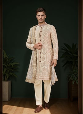 Cream Cotton Silk Jacquard Classic Sherwani