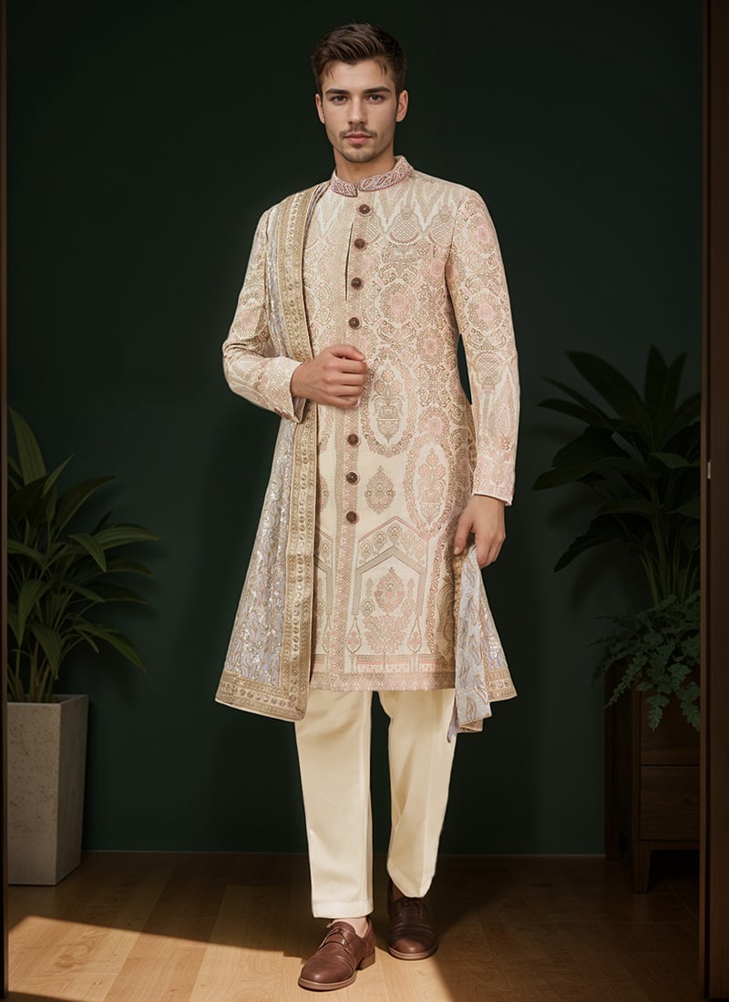 Cream Cotton Silk Jacquard Classic Sherwani Wedding Wear