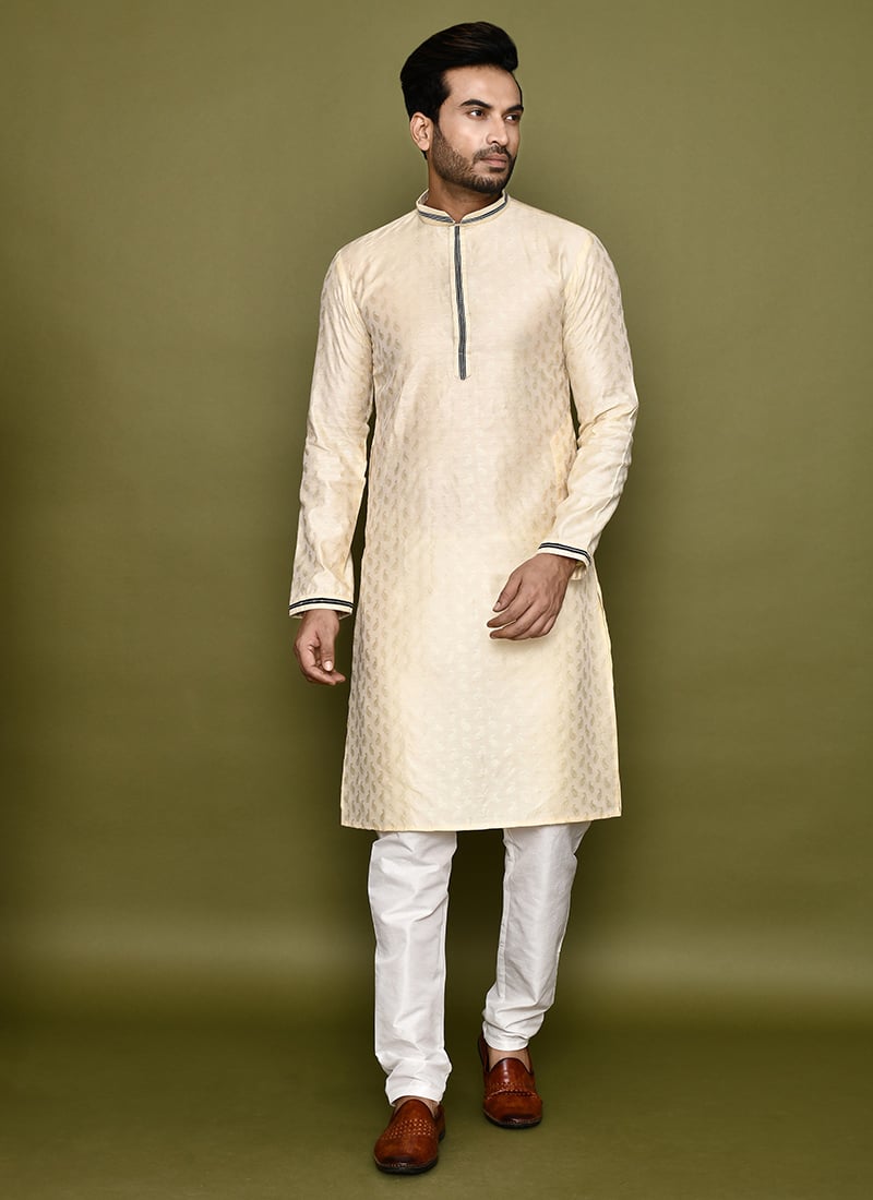 Cream Cotton Silk Jacquard Kurta Pyjama