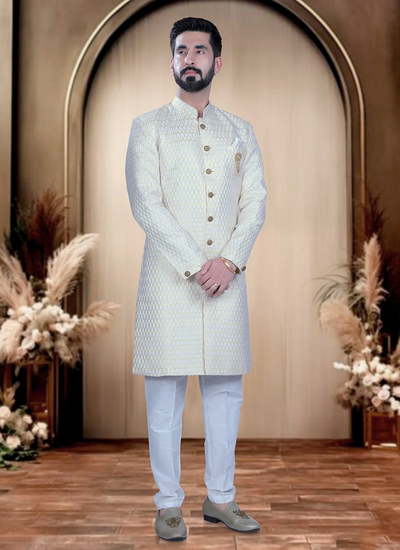 Cream Cotton Silk Sequins Indowestern Sherwani  For Men Wedding Wear