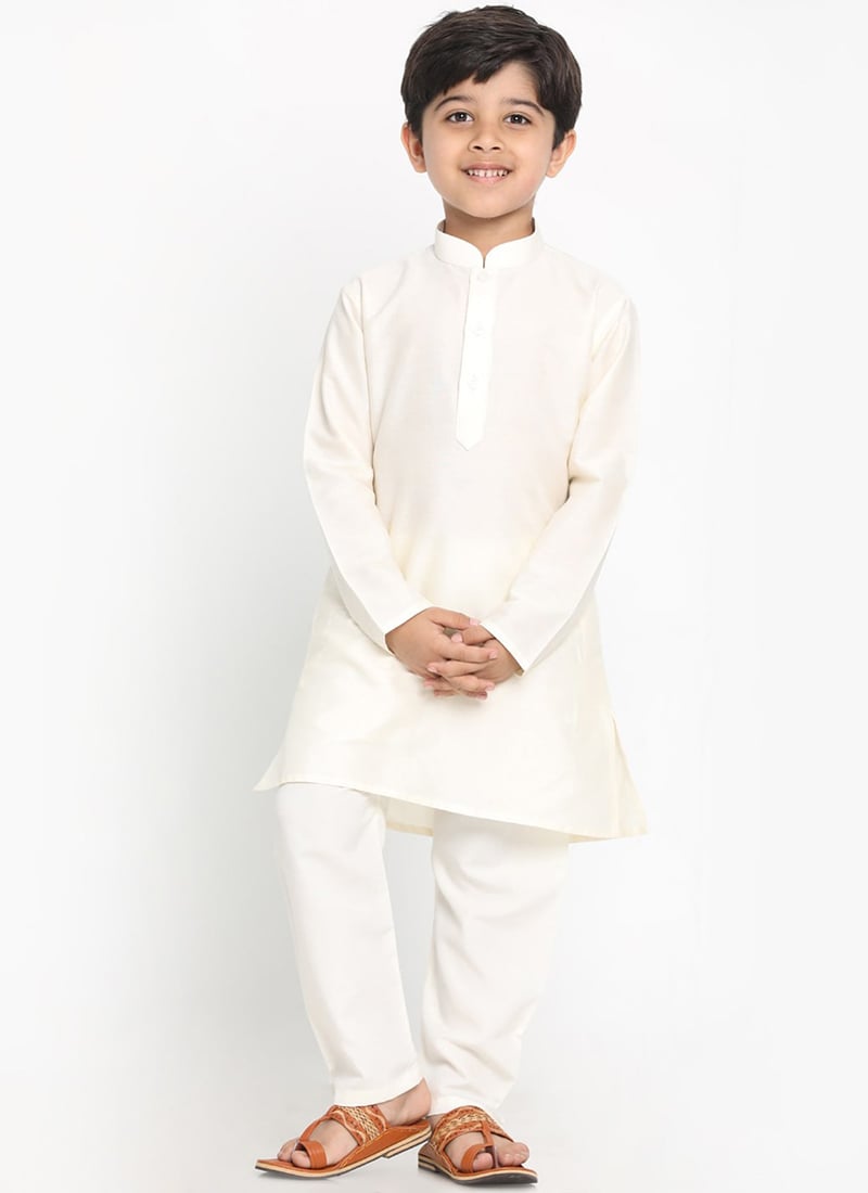 Cream Cotton Solid Stitched Kurta Pyjama Party Wear