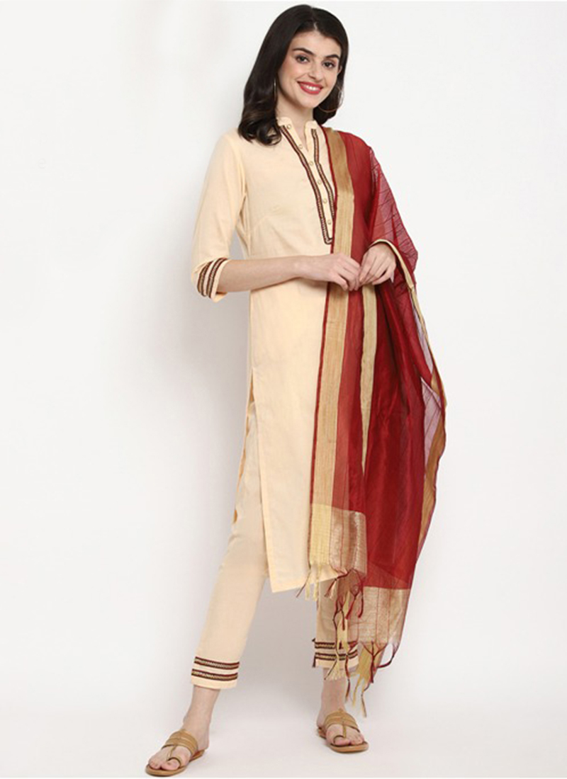 Buy Cream Cotton Straight Pant Suit, Gota, straight pant suit Online