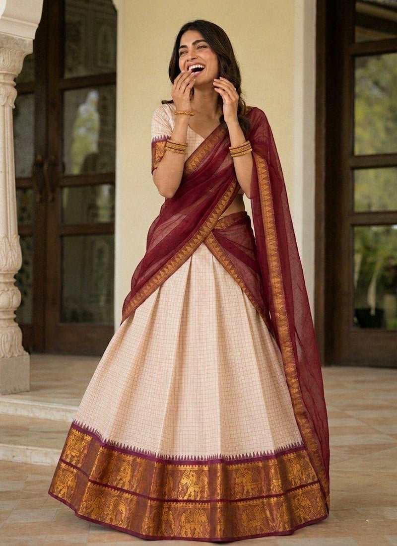Cream Cotton Traditional Zari Lehenga Festive Wear