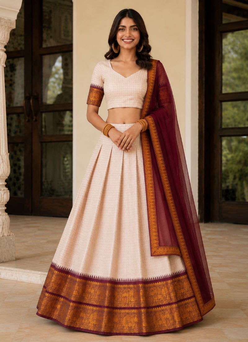 Cream Cotton Zari Umbrella Lehenga Choli After Six Wear