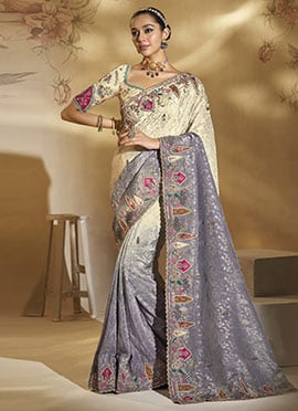 Cream Crepe Beads Zari Mirror Work Sequins Embroidered Thread Cutdana Saree