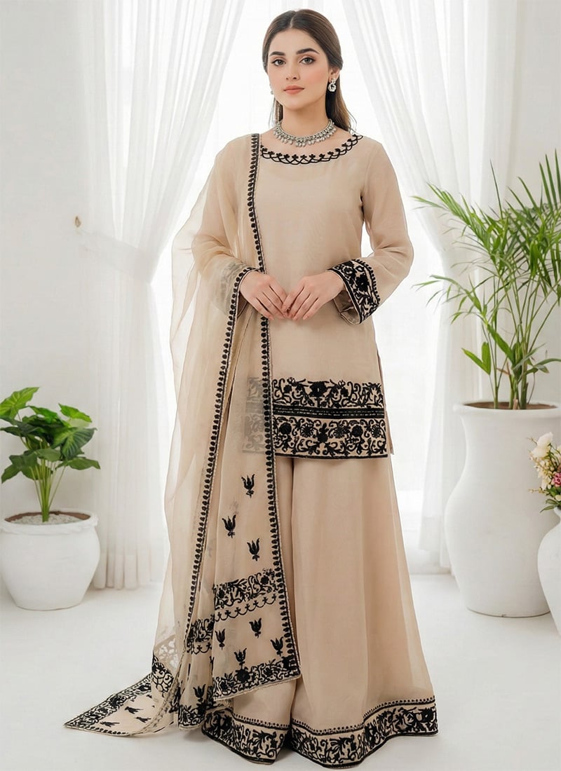 Cream Crepe Embroidered Palazzo Suit Festive Wear