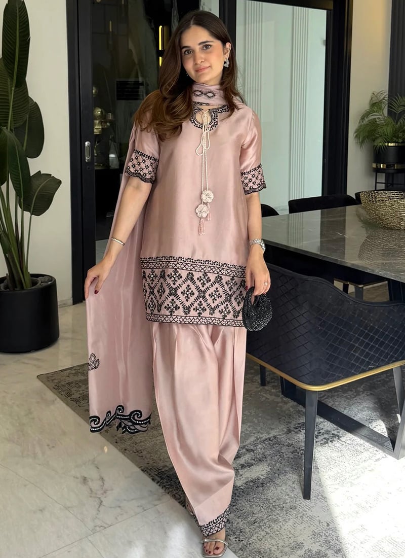 Cream Crepe Silk Embroidered Farshi Suit After Six Wear