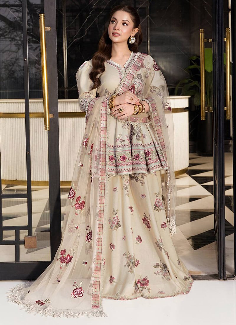 Cream Crepe Silk Embroidered Sharara Suit After Six Wear