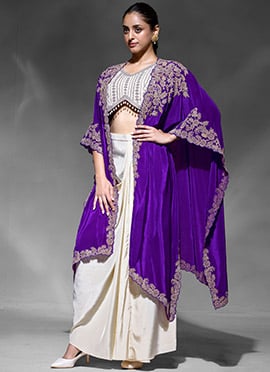 Cream Crepe Zari Embroidered Sequins Mirror Work Indo Western Skirt Set With Cape