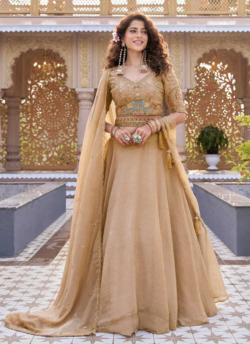 Cream Crunchy Silk Embroidered Sequins With Moti Work Lehenga Wedding Wear