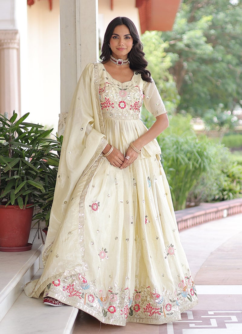 Cream Crush Silk Embroidered Sequins Zari Thread A Line Leheng Festive Wear