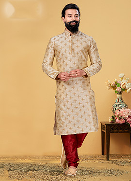 Cream Dhupion Embroidered Silk Kurta Pyjama
