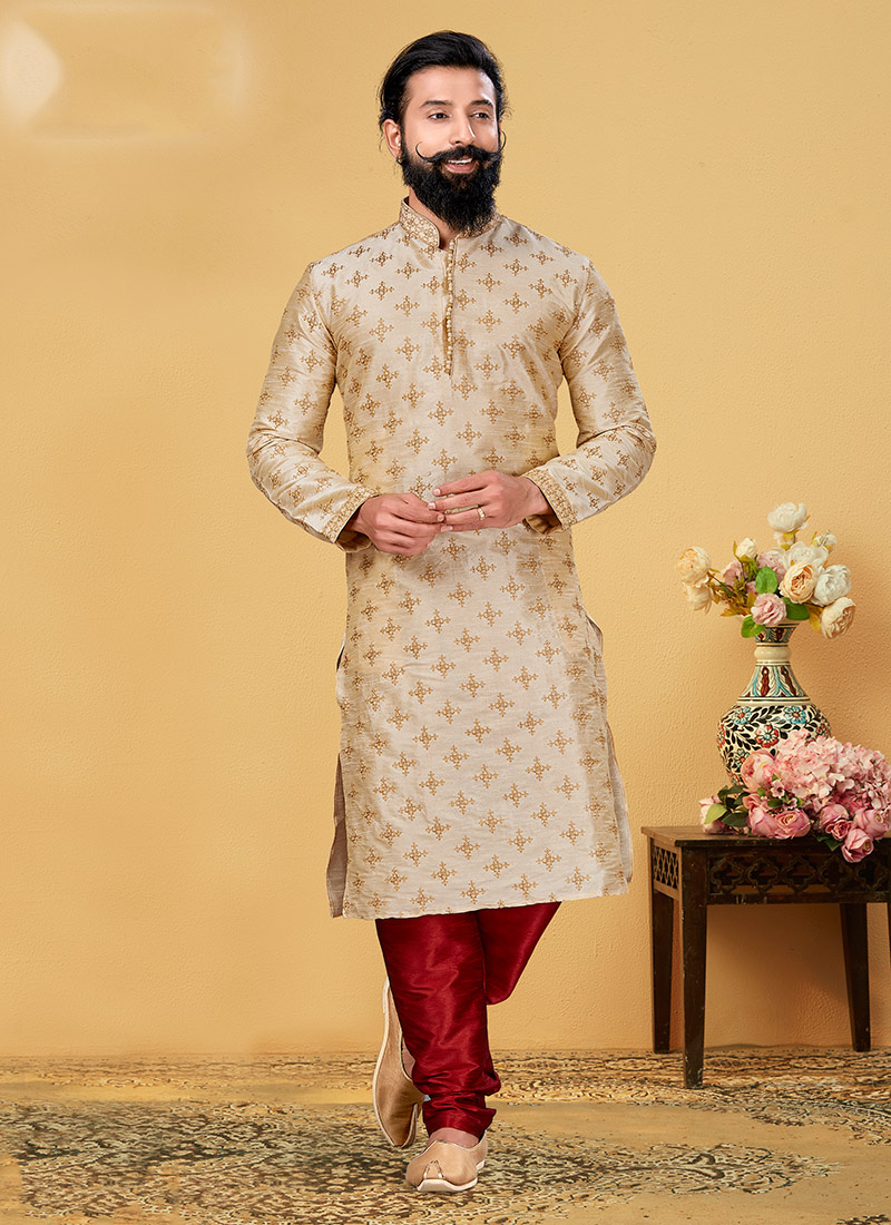 Cream Dhupion Embroidered Silk Kurta Pyjama