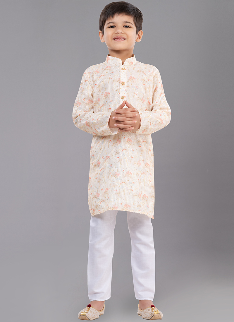 Cream Digital Printed Kids Kurta Pyjama Party Wear