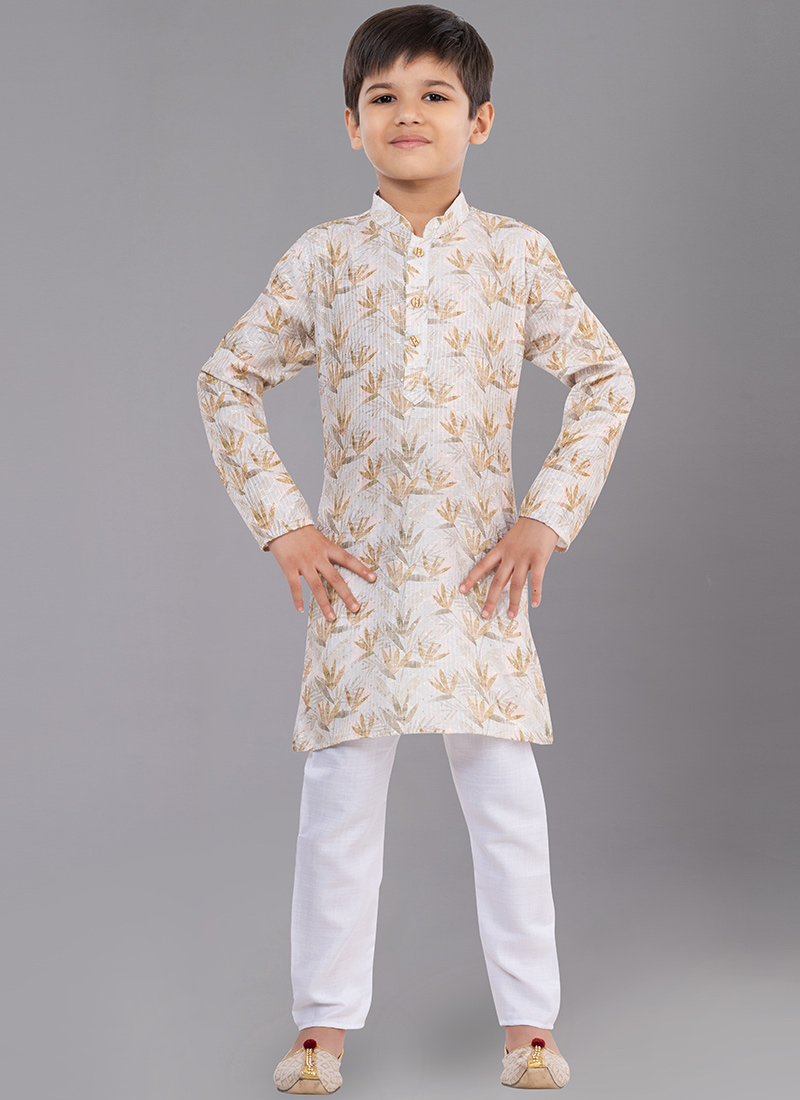 Cream Digital Printed Kids Kurta Pyjama Party Wear