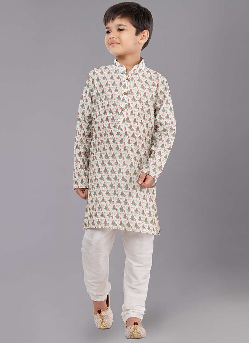 Cream Digital Printed Kids Kurta Pyjama Party Wear