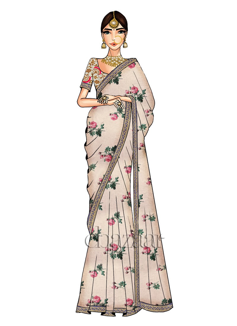 Cream Digital Printed Saree N Off White Blouse