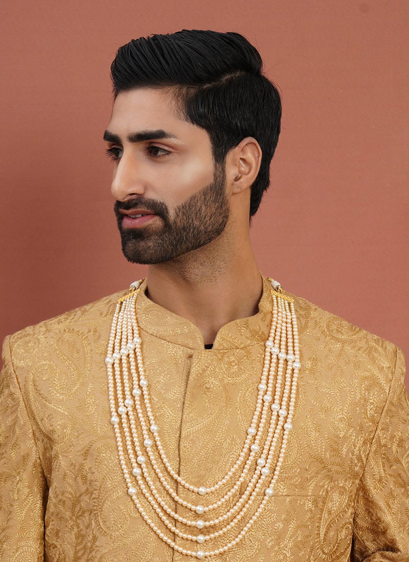 Cream Dual Tone Gold Plated Pearl Layered Necklace For Men Wedding Wear