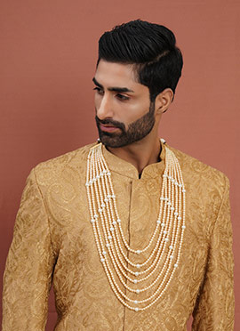 Cream Dual Tone Gold Plated Pearl Layered Necklace For Men