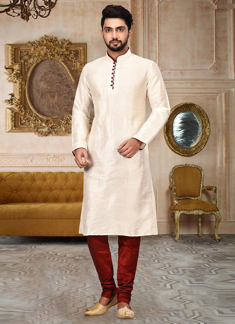 Cream Dupion Art Silk Soild Plain Kurta Pyjama Party Wear