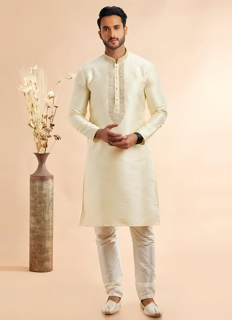 Cream Dupion Embroidered Kurta Pyjama Festive Wear