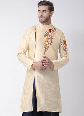 Cream Dupion Silk Embroidered Angrakha Kurta