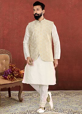 Cream Dupion Silk Embroidered Bandi Set