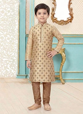 Cream Dupion Silk Embroidered Kids Boys Kurta Pyjama