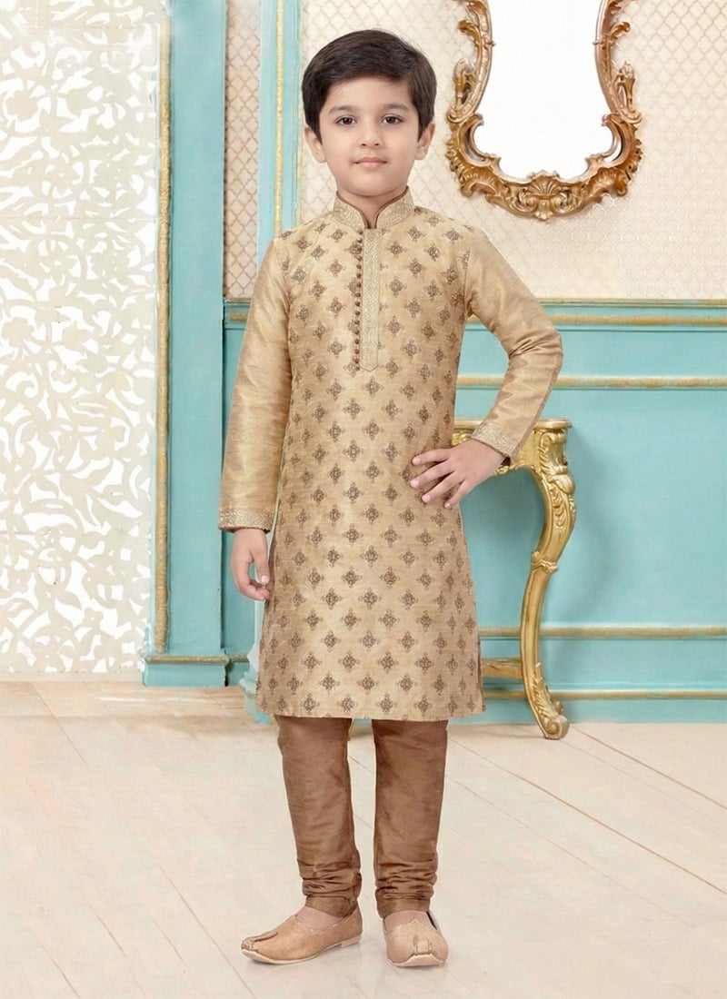 Cream Dupion Silk Embroidered Kids Boys Kurta Pyjama Festive Wear