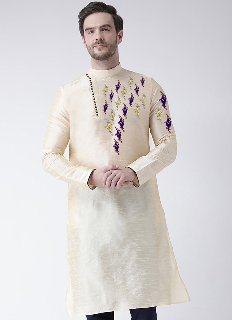 Cream Dupion Silk Embroidered Kurta