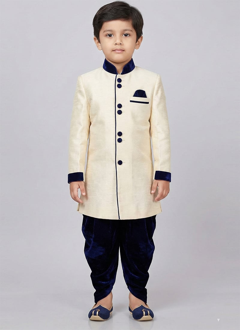 Cream Dupion Silk Kids Boys Indowestern Sherwani Festive Wear