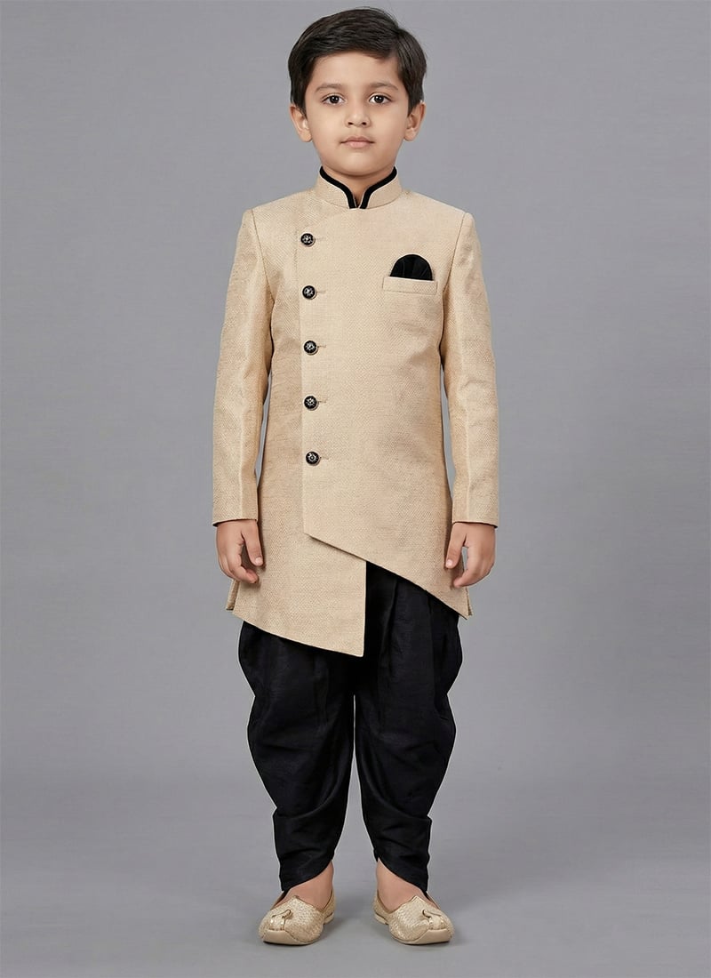Cream Dupion Silk Kids Boys Indowestern Sherwani Festive Wear