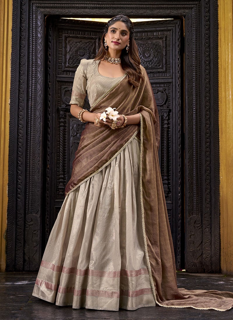 Cream Dupion Silk Zari Work Lehenga Festive Wear