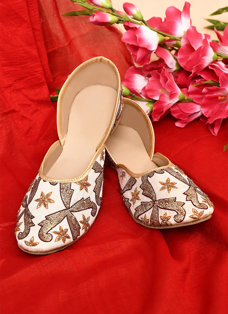 Cream Dupion Silk Zari Zardosi Juti For Women 