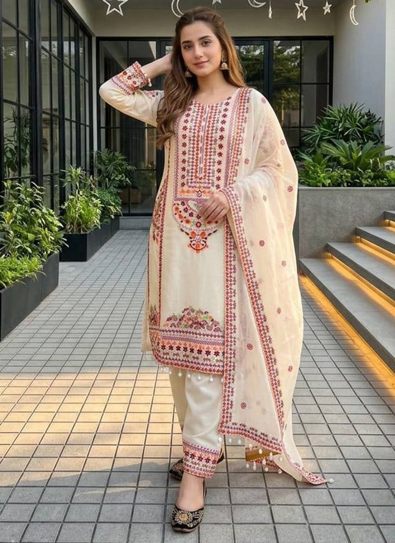 Cream Embroidered Chanderi Salwar Suit Festive Wear