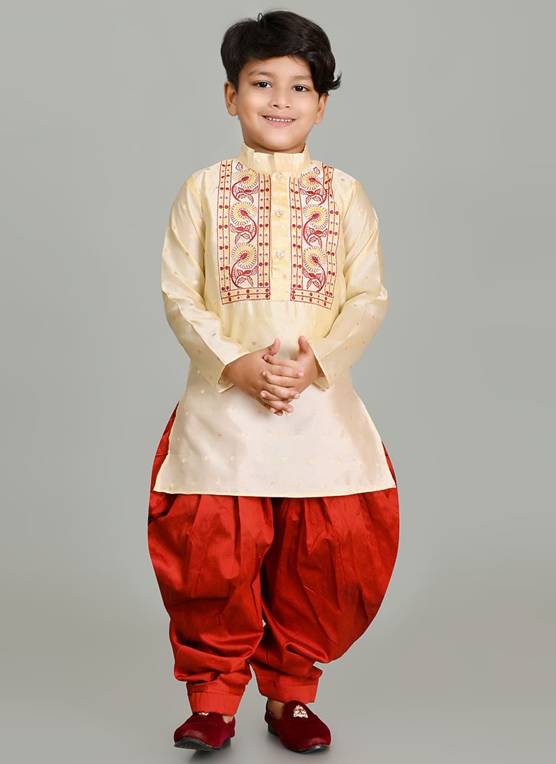 Cream Embroidered Dupion Silk Dhoti Style Kurta Pyjama Festive Wear