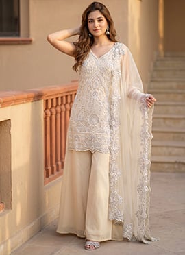 Cream Embroidered Sequins Georgette Palazzo Suit