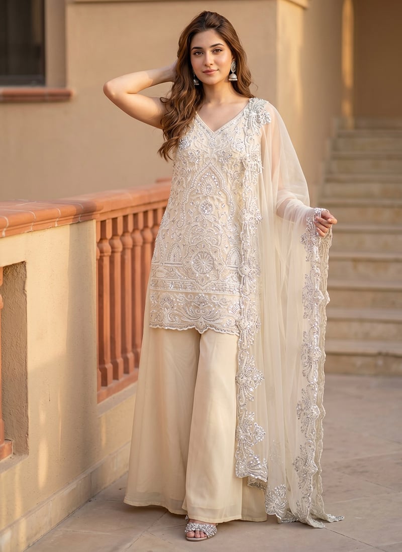 Cream Embroidered Sequins Georgette Palazzo Suit Festive Wear