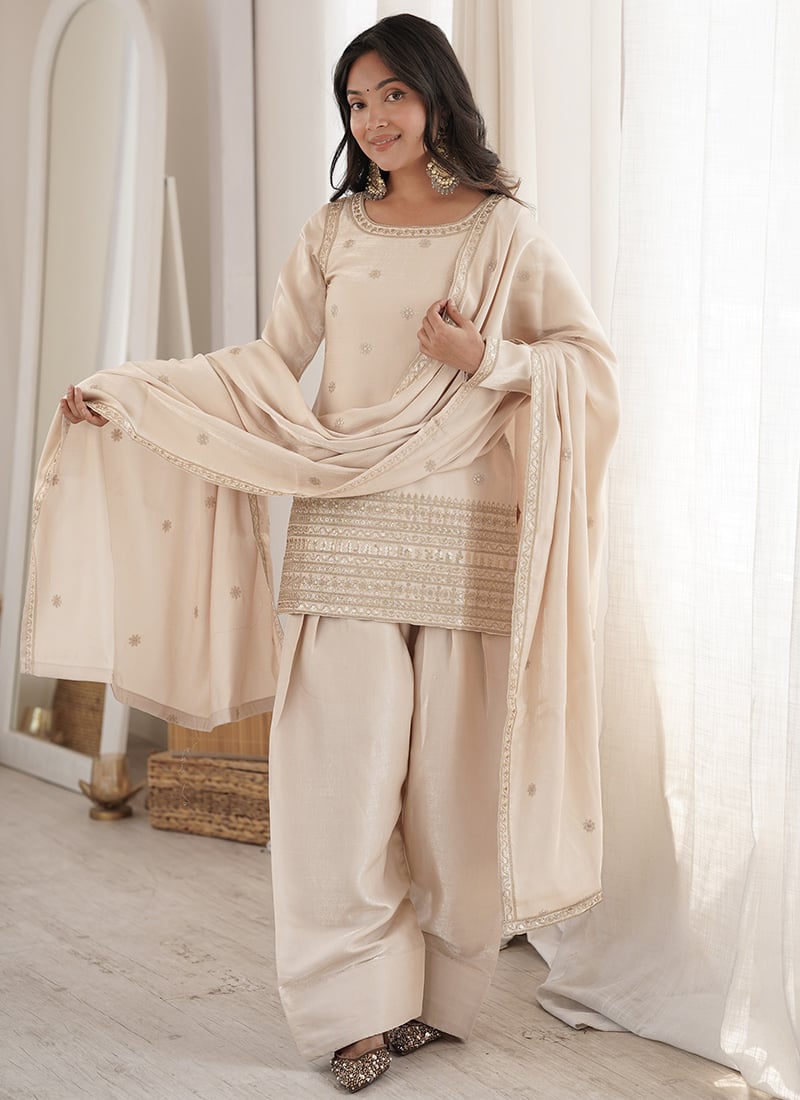 Cream Embroidered Sequins Silk Farshi Suit Festive Wear