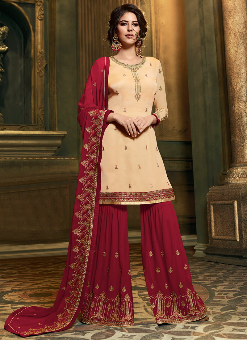 Buy Cream Embroidered Sharara Suit, Embroidered, sharara suit Online Shopping | SLSRK56923