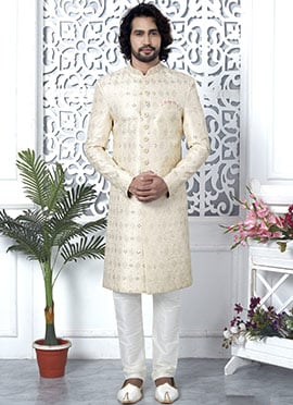Cream Embroidered Silk Classic Sherwani