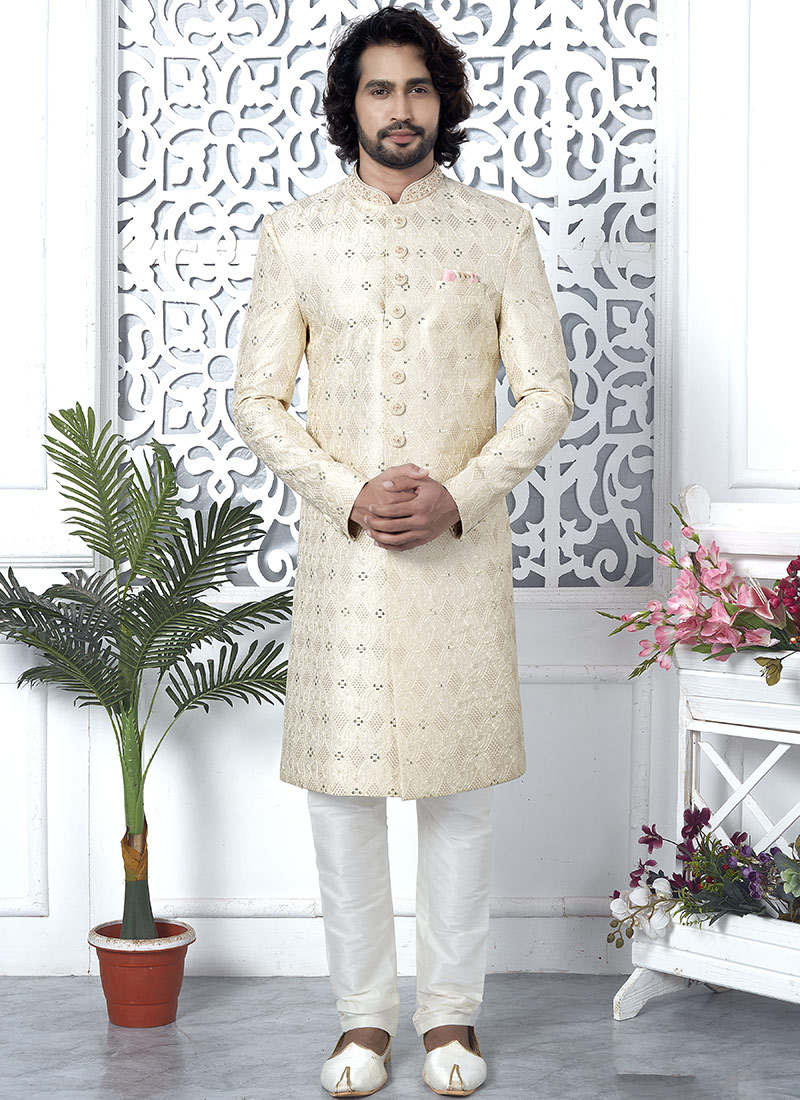 Cream Embroidered Silk Classic Sherwani Party Wear