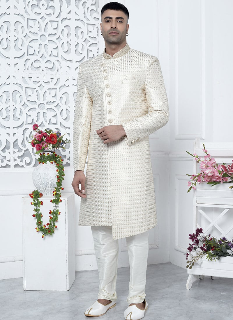 Cream Embroidered Silk Classic Sherwani Party Wear