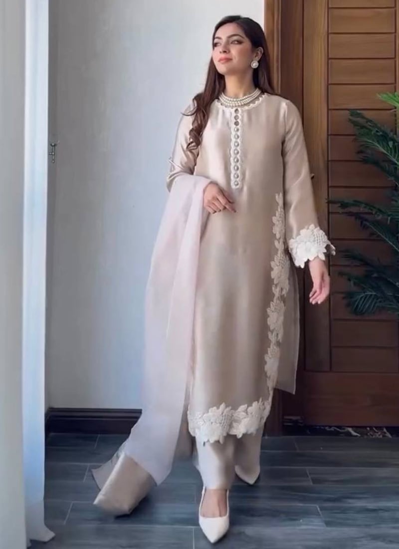 Cream Embroidered Silk Palazzo Suit Festive Wear
