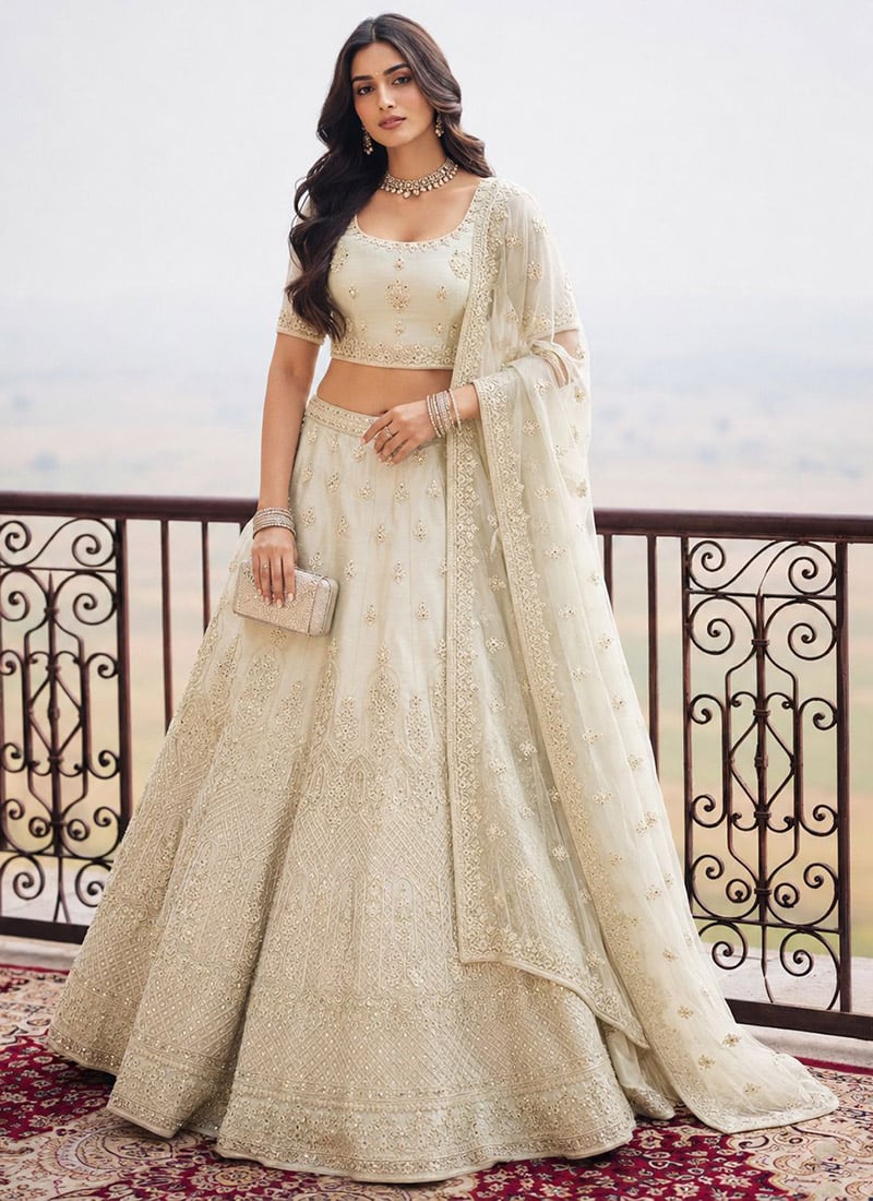 Cream Embroidered Soft Net Lehenga Wedding Wear