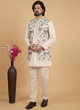 Cream Embroidered Thread Khadi Silk Indowestern Sherwani
