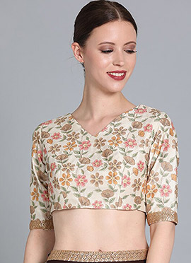 Cream Embroidered V Neck Blouse