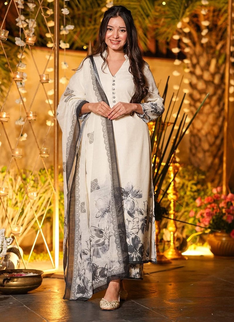 Cream Embroidered Viscose Chanderi Straight Pant Suit After Six Wear