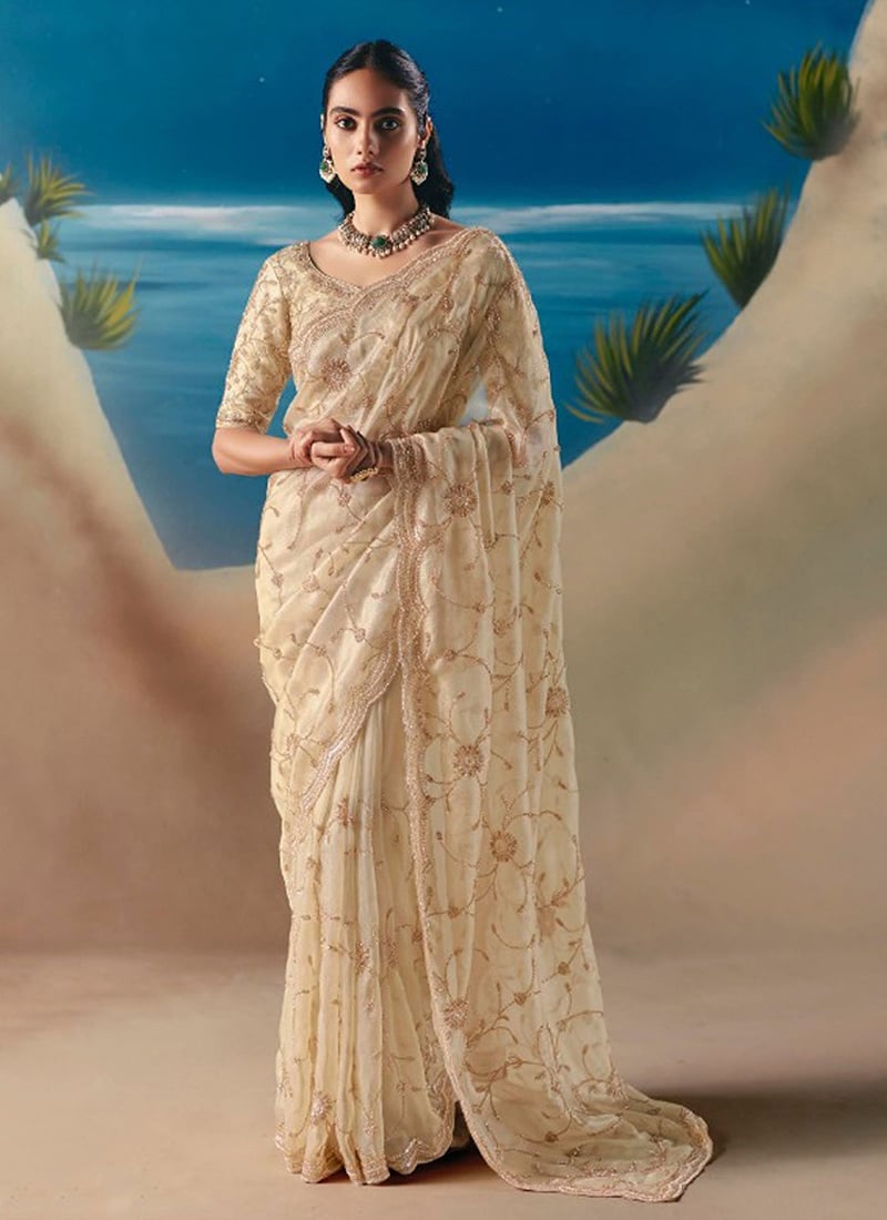 Cream Fancy Silk Zari Embroidered Sequins With Beads Work Saree Wedding Wear