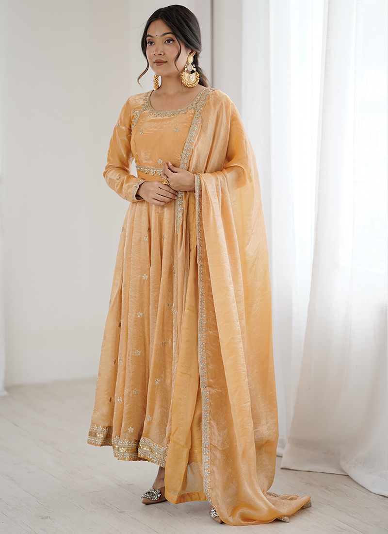 Cream Fandy Silk Embroidered Sequins Anarkali Suit Festive Wear
